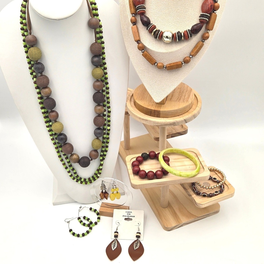 Woodland Muse Jewelry Lot Natural Beads Wood Earth Tone Curated Set 12pc Mixed